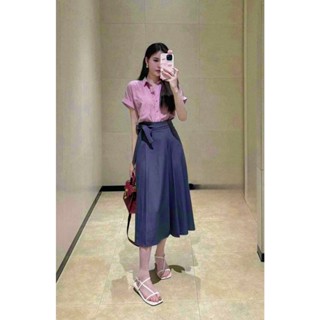 [127]  Set ba món áo sơ mi tím phối kèm chân váy maxi xếp ly buộc nơ loại 1 thanh lịch sang chảnh đi làm đi chơi đi học