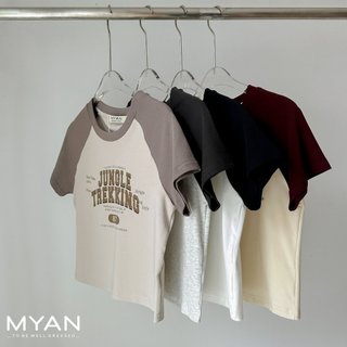 Myan design áo thun croptop chữ trekking co dãn ôm body cổ tròn ngắn tay phong cách năng động a032403