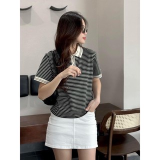 Áo thun nữ tay ngắn cổ bẻ khuy cài kẻ sọc ngang hàng Quảng Châu, áo phông cổ polo phong cách hàn quốc đáng yêu 8879
