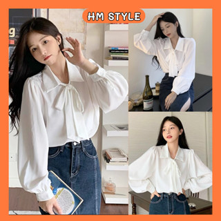 Áo sơ mi kiểu nữ thanh lịch, Áo sơ mi cổ đức phối dây nơ tay phồng xinh xắn HA71