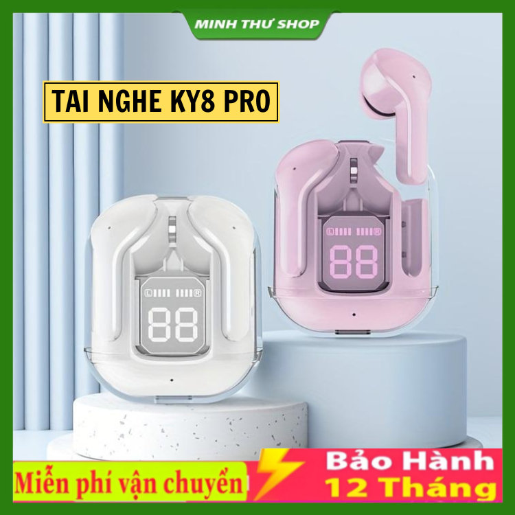 Tai nghe Bluetooth KY8 trong suốt 6 màu ,Màn Hình Kỹ Thuật Số Giảm Tiếng Ồn Tích Hợp mic