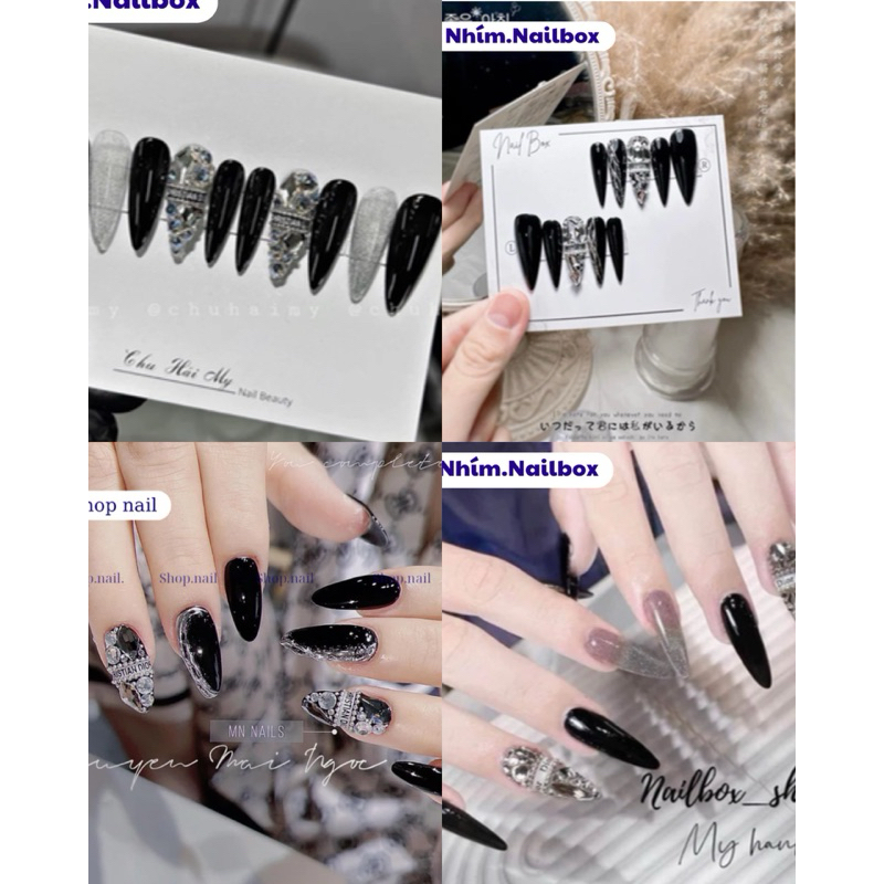 Nailbox thiết kế dài màu đen , mẫu nail đẹp , móng tay giả đính đá sang trọng tặng kèm phụ kiện