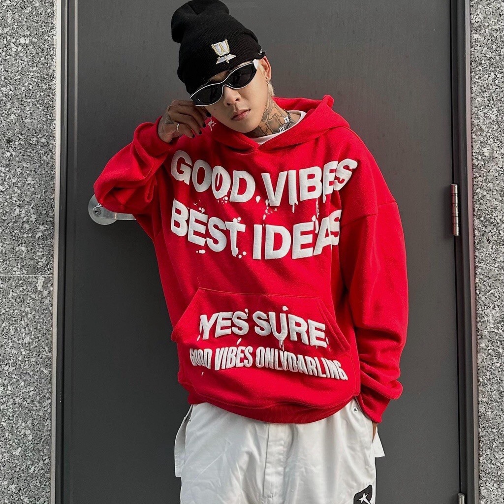 Áo hodie in chữ nổi GOOD VIBES trước ngực chất nỉ dày dặn phom rộng,Áo hoddie nam nữ T029 | BigBuy360 - bigbuy360.vn