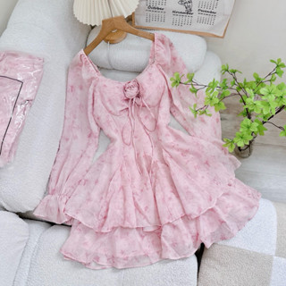 [Kim Clothing] Đầm hoa hồng cổ vuông thun vai tay dài dáng ngắn xoè 2 tầng