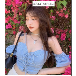 Áo hai dây denim, Áo hai dây dáng croptop đan dây buộc nơ thời trang mùa hè