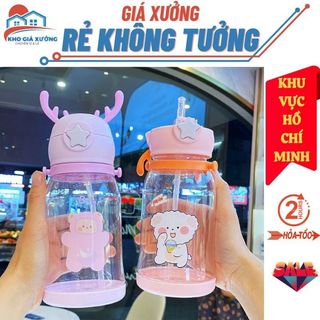 Bình Tập uống, Bình Đựng Nước Có Ống Hút 600ml Sừng Hươu Dễ Thương - Bình Nước Cho Bé Đi Học Không Chứa BPA , Chai Nhựa