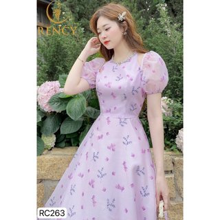 Váy tím tay phồng cổ yếm đính cườm in hoa mút ngực đi hẹn hò đi làm Hà Thanh Boutique chất tơ RC263