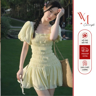 YM Concept Đầm Cổ Vuông Tay Phồng Nhún Sườn Đính Nơ - D0861