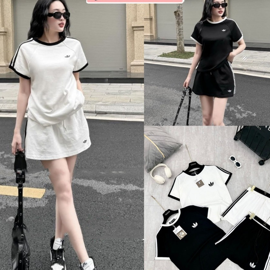 Set Đồ Nữ, Set Bộ Đồ Nữ DASS Áo Phông Ngắn Tay Phối Viền Logo Thêu Nổi Mix Chân Váy Dáng Ngắn Freesize | BigBuy360 - bigbuy360.vn