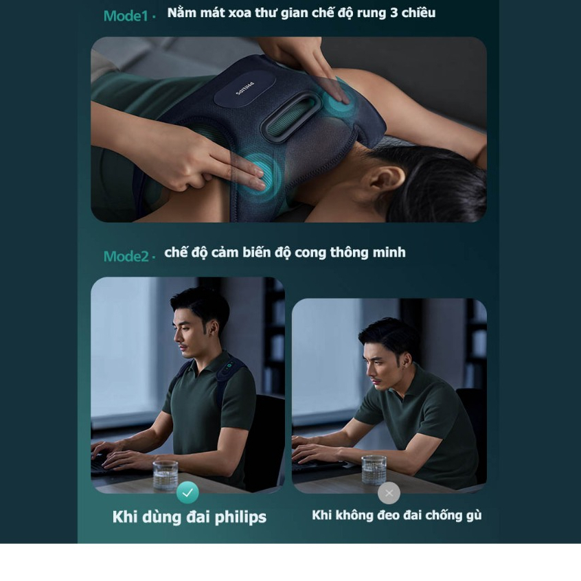 Đai chống gù lưng kết hợp massage Philips, Đai lưng điều chỉnh tư thế, Thiết bị chống gù thông minh thế hệ mới mát xoa