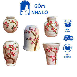 Bình hoa lọ hoa men rạn đắp nổi hoa đào gốm sứ bát tràng gốm nhà lò