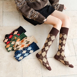Tất dài nữ Vintage sợi len cao cấp Vớ đùi họa tiết quả trám với sợi Cotton mềm và dày dặn