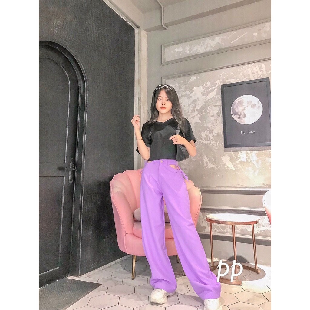 Quần dài tuyết mưa kiểu cạp cao lưng chun phối túi 2 bên màu tím dễ thương SL