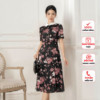 Đầm công sở nữ FIONA dáng xòe váy thiết kế cao cấp họa tiết hoa dây cổ phối màu trắng thanh lịch F413019