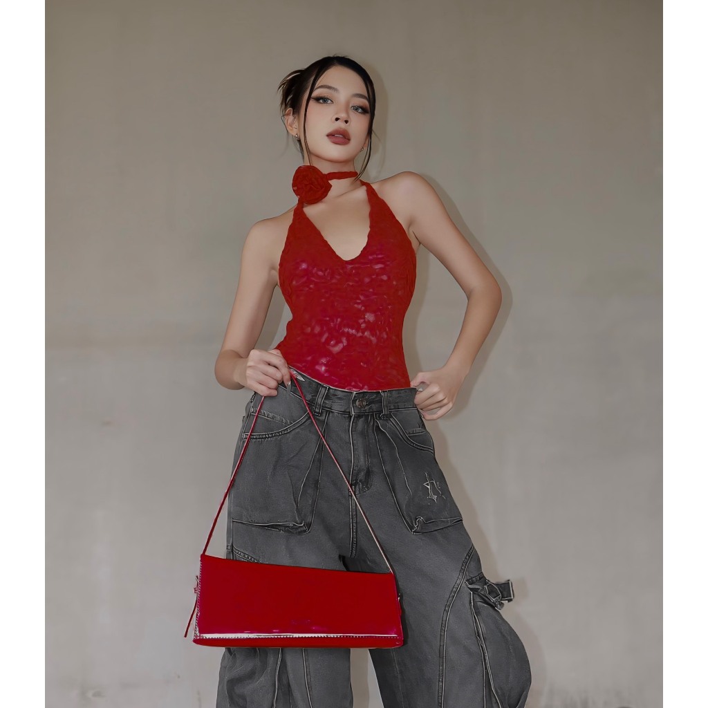 ✨ Áo Ren đỏ “Cici top” Chất vải Ren co giãn mạnh siêu ôm eo tôn dáng