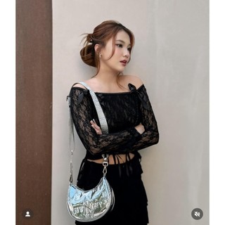 Áo ren" Lace Top" - Áo crop dài tay trễ vai chất liệu ren