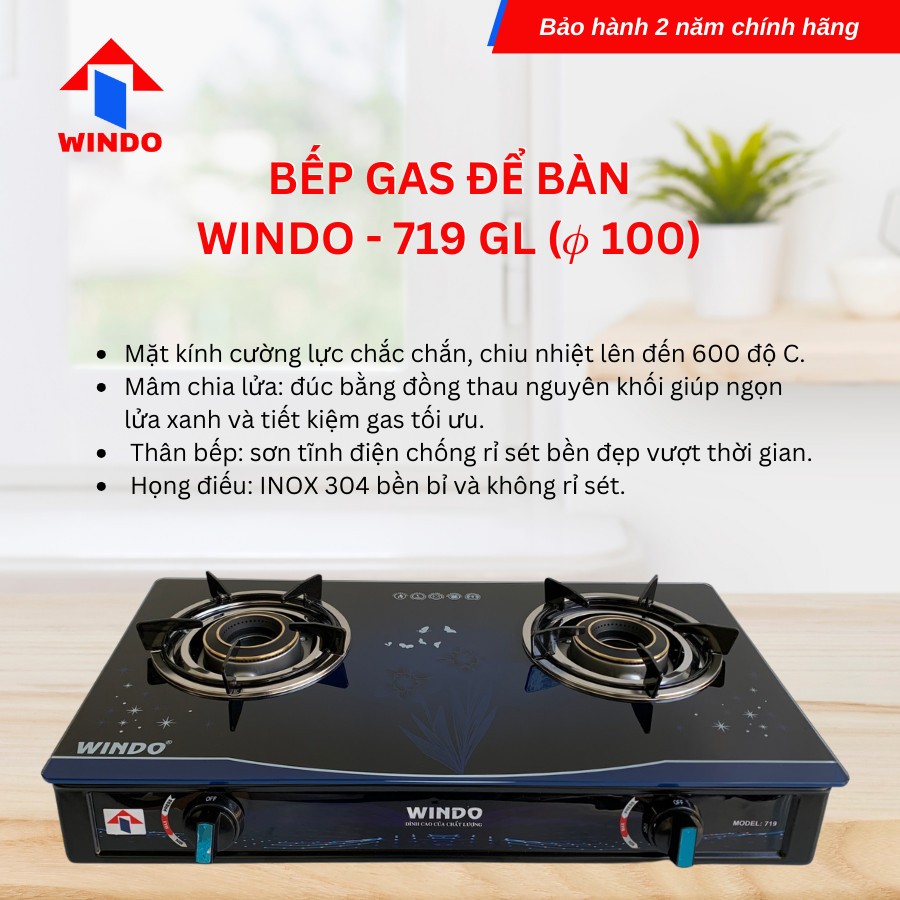[Hàng chính hãng]Bếp gas đôi mặt kính cao cấp Windo - 719GL(fhi 100) / Bếp gas mặt kính để bàn lửa lớn