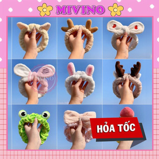 Băng đô rửa mặt Mivino bờm cài tóc turban dễ thương cute tai thỏ mèo vải nhung nơ BD