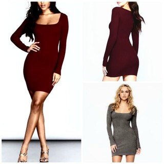 [HÀNG MỸ] Đầm bodycon mini MANGO thun dệt kim ôm body cổ U rộng tay dài ôm sát đỏ đô, xám