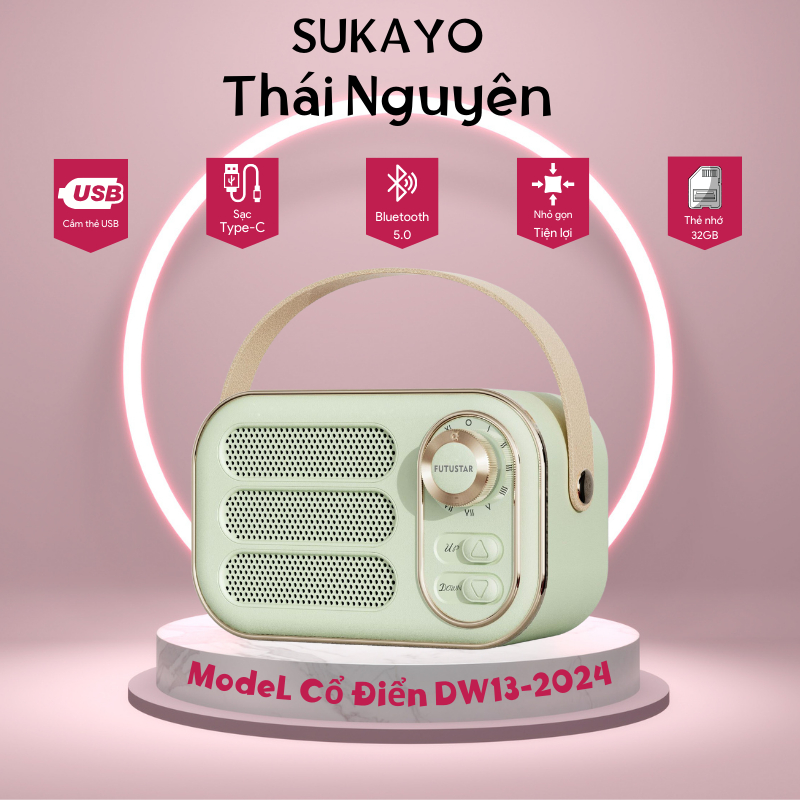 Loa bluetooth SUKAYO-DW13 phong cách Art Deco Vintage loa có quai xách, 5 màu Pastel Hàn Quốc