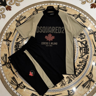 Quần Áo Mùa Hè DSQ Nam Màu Đen phối Be Lá Phong Chất Liệu Không Xù Đủ Size, Bộ quần Áo Cộc Nam Phong Cách thời trang