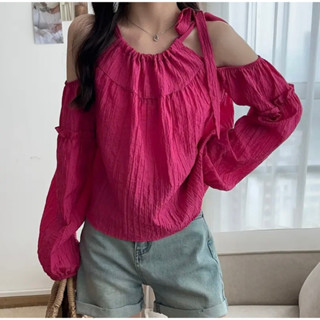 áo có dây đeo Trễ Vai Kết cấu Xếp Li Dài áo có tay cho nữ 51