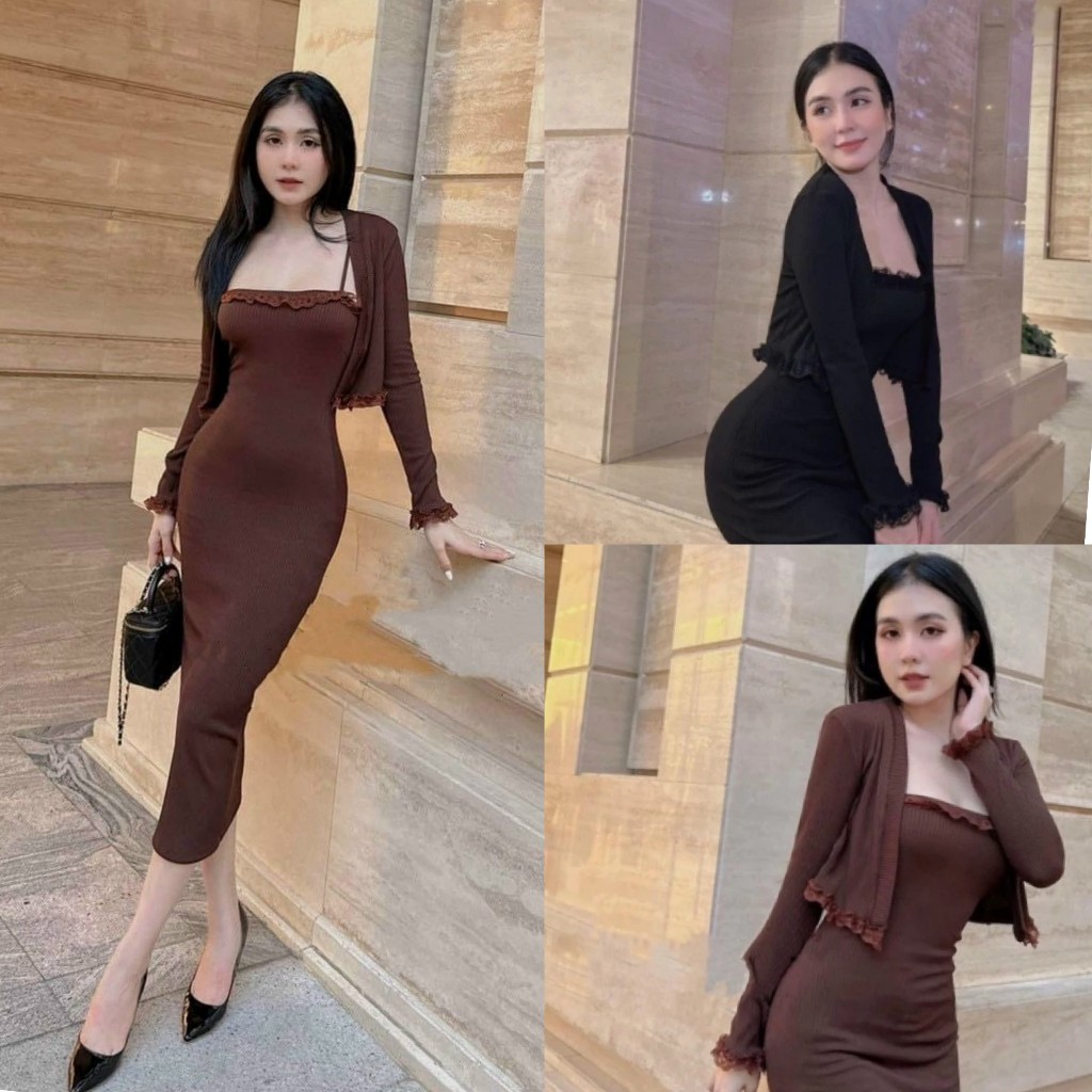 Set đầm body hai dây dáng dài phối ren viền ngực mix áo khoác croptop tay dài duyên dáng chất thun cotton O7x