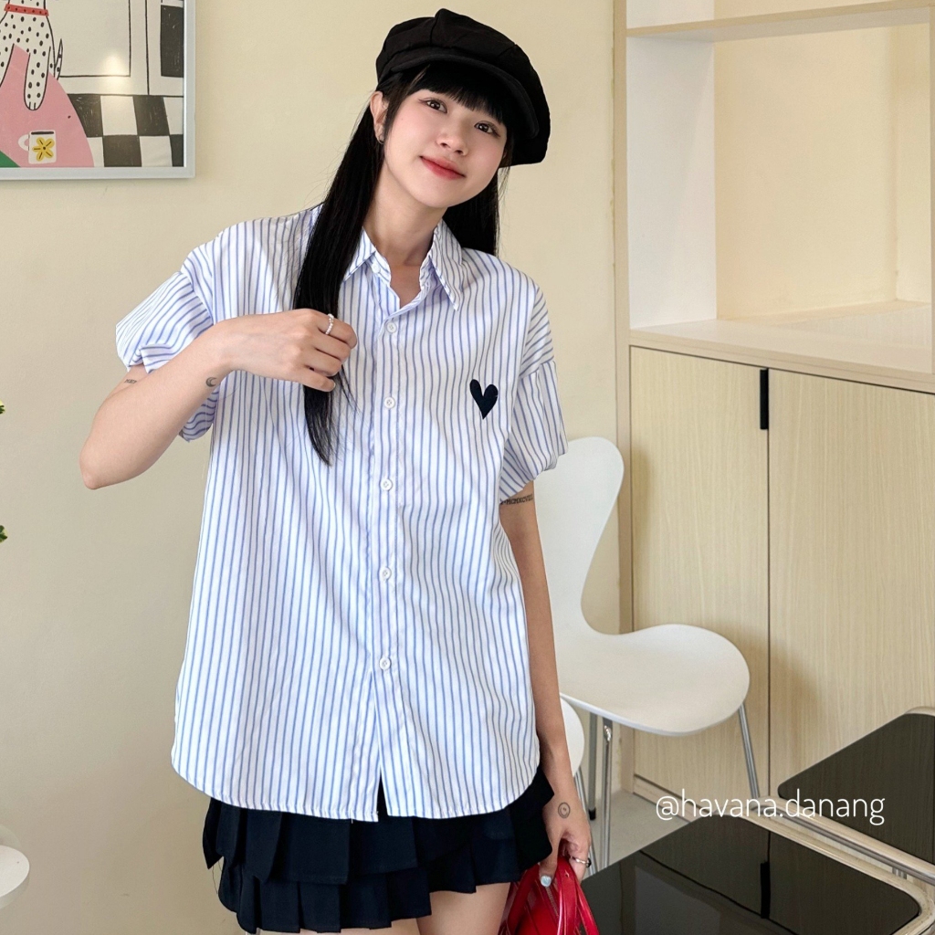 [ẢNH HAVANA CHỤP] Áo sơ mi kẻ sọc basic tay bồng thêu logo trái tim O284 | BigBuy360 - bigbuy360.vn