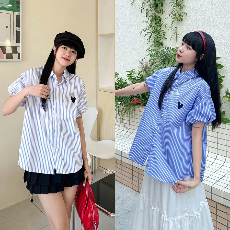 [ẢNH HAVANA CHỤP] Áo sơ mi kẻ sọc basic tay bồng thêu logo trái tim O284 | BigBuy360 - bigbuy360.vn