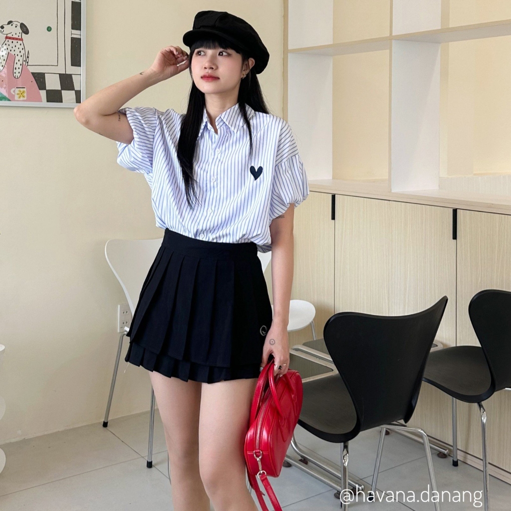 [ẢNH HAVANA CHỤP] Áo sơ mi kẻ sọc basic tay bồng thêu logo trái tim O284 | BigBuy360 - bigbuy360.vn