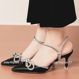 Giày cao gót 7cm mũi nhọn nơ xoàn xoắn hậu 2 dây khóa lỗ size 32 đến size lớn 45
