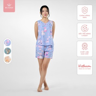 Bộ mặc nhà nữ WINNY kiểu sát nách quần đùi chất lanh mềm mát 2MNLA23059B