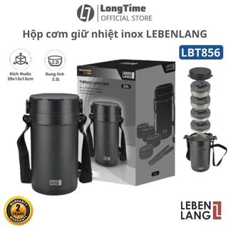 Hộp cơm giữ nhiệt LEBENLANG LBT856 bằng inox Cà men văn phòng gồm 4 khay riêng biệt dung tích 2.2L - hàng chính hãng