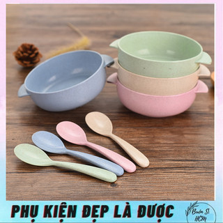 Bộ chén ăn dặm kèm muỗng chất liệu nhựa lúa mạch an toàn cho bé-Thố đựng thức ăn lúa mạch nhiều màu sắc, chén,tô, muỗng