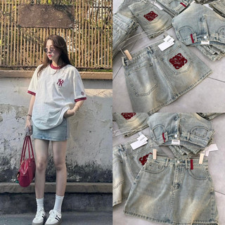 Chân váy Jean thêu túi đỏ Chân váy jean dáng chữ A có quần bảo hộ🌸DAQUY20🌸chân váy bò pha sườn cực hotren