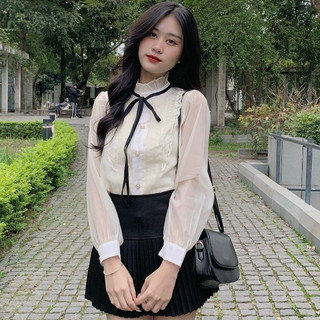 Áo sơ mi nữ thắt nơ dai tay phối viền bèo Spring  Somibeo5590/P0K41