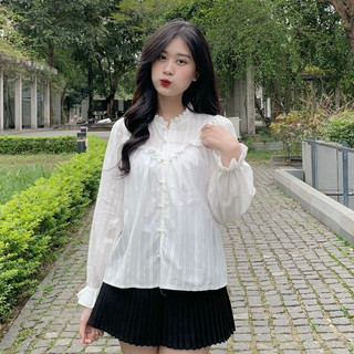 Áo sơ mi trắng dài tay cổ tròn xếp ly Spring Aobabydoll9505/P6K11