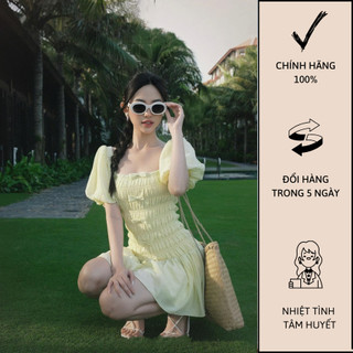 Đầm nhún cổ vuông tay phồng đính nơ tôn dáng - m0861