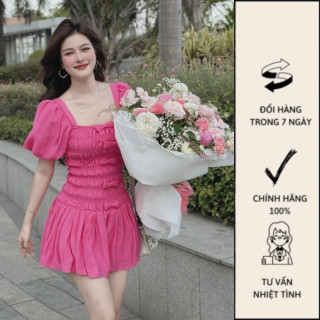 Đầm thun nhún co dãn tôn dáng cổ vuông tay phồng đính nơ - c0861