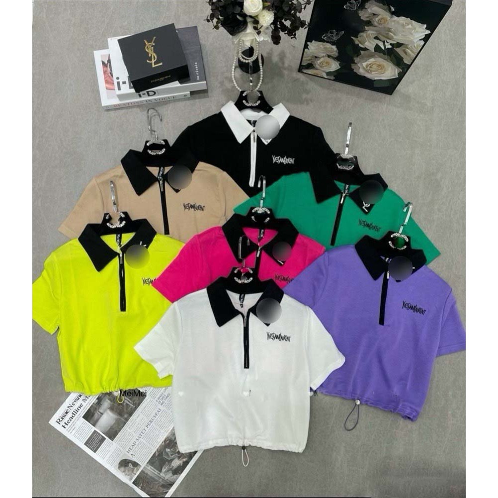 Áo Thun Kéo Khóa Cổ Bẻ Bo Chun Chất Thun Cotton Hot Trend Năm Nay Chữ Nhũ Dành Cho Nữ Form 40-62kg
