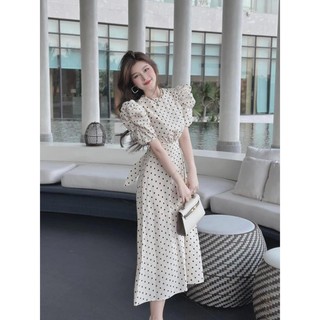 Đầm Dáng Dài Chấm Bi Nơ Lưng Thắt Eo Sang Chảnh V6149
