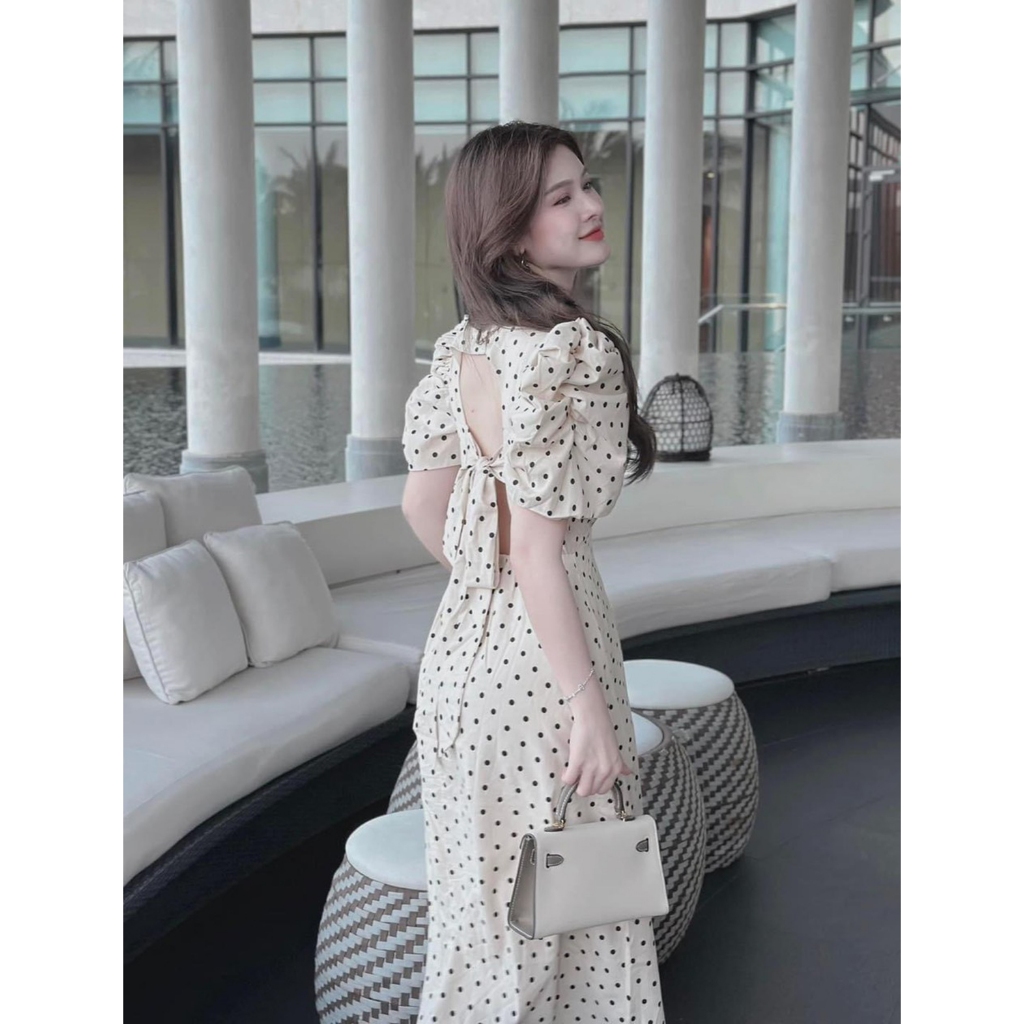 Đầm Dáng Dài Chấm Bi Nơ Lưng Thắt Eo Sang Chảnh V6149