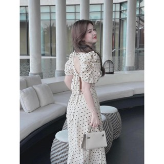 Đầm Dáng Dài Chấm Bi Nơ Lưng Thắt Eo Sang Chảnh V6149