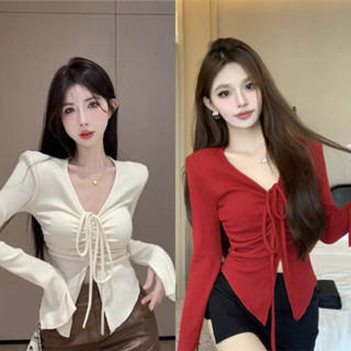 Áo thun cổ trái tim với tay ống loe và phần giữa có dây rút , Áo thun nữ rút dây cực hot 51