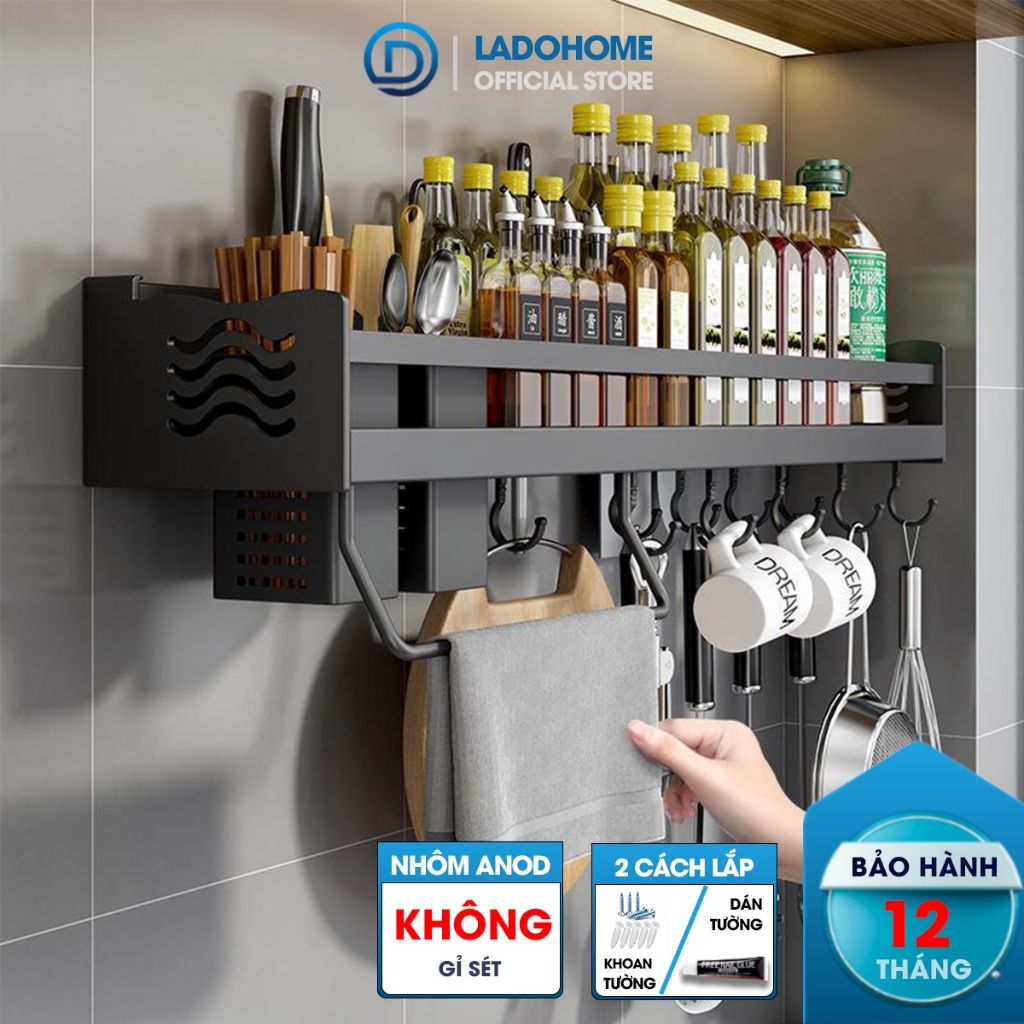 Kệ gia vị LADOHOME treo tường đa năng nhôm anod SQ-6186 kèm ống đũa máng dao móc treo Kitchen
