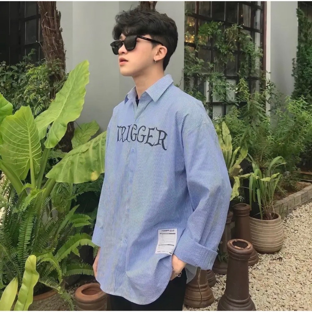 Áo Sơ Mi TRIGGER Sọc Kẻ Cực Dễ Phối Đồ, Áo Sơ Mi Nam Nữ Unisex Form Rộng BEBFASHION Phong Cách HQ