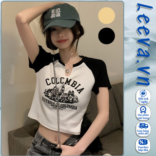 Áo croptop ôm body Colom tay ngắn cổ V siêu hack dáng, áo thun dáng ngắn mùa hè 113 - LEEVA.VN
