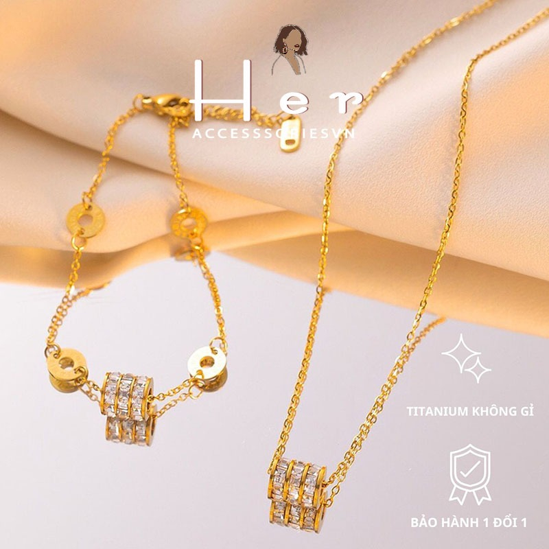 Bộ trang sức titan hình trụ đính đá sang chảnh, Dây chuyền, Lắc tay, thiết kế charm lấp lánh HER.ACC