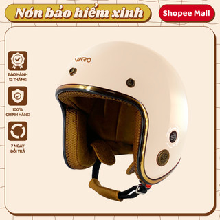 Mũ bảo hiểm 3/4 đầu VARO viền đồng có lỗ thông gió kèm lưỡi trai màu kem bóng