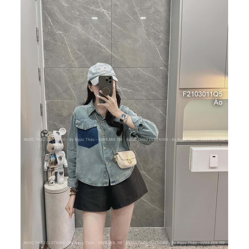 Áo sơ mi jean tay dài form croptop ngực đắp túi nắp! TMT House
